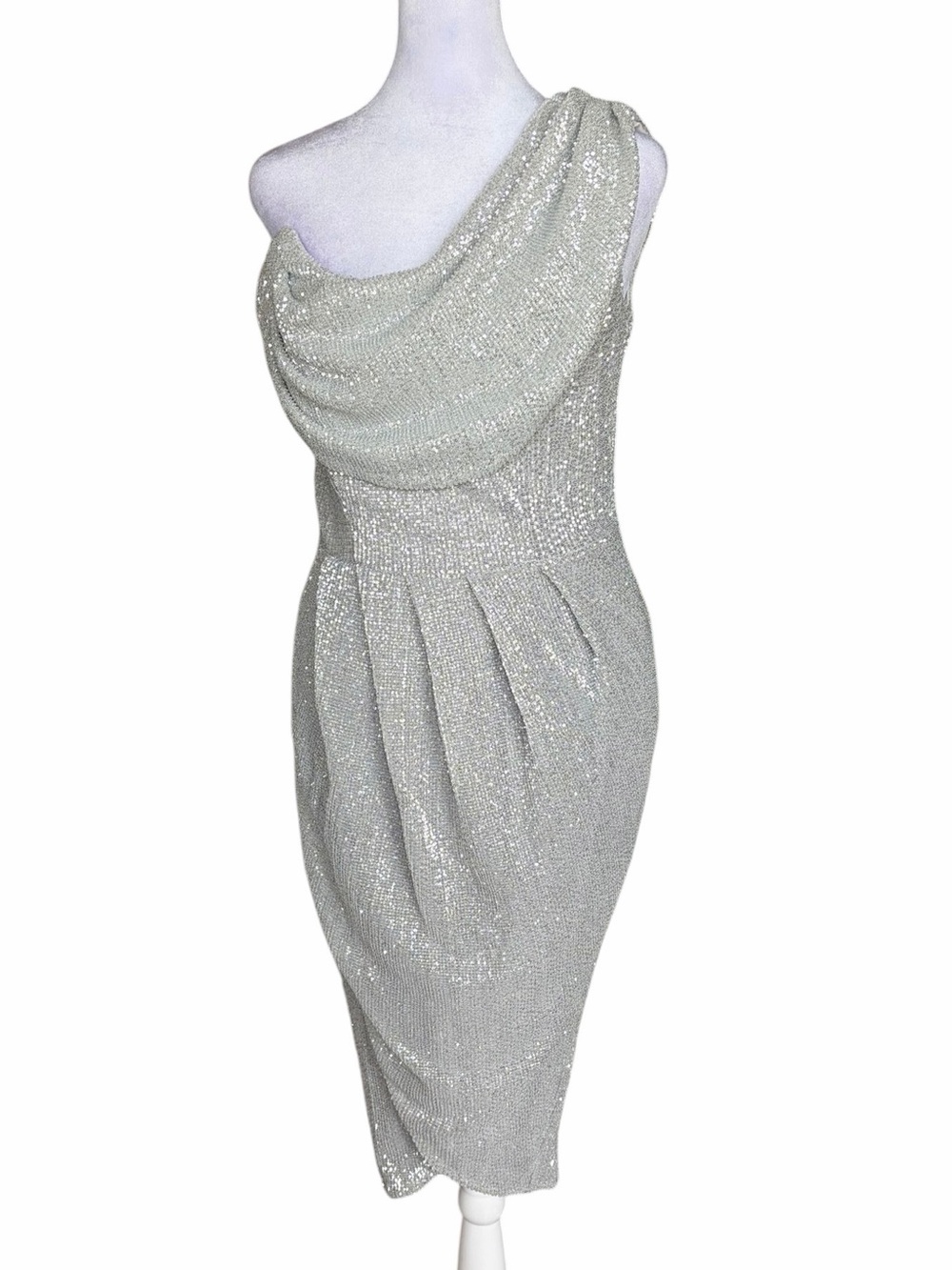 Lavish Alice Silver One-Shoulder Sequin Draped Midi Dress